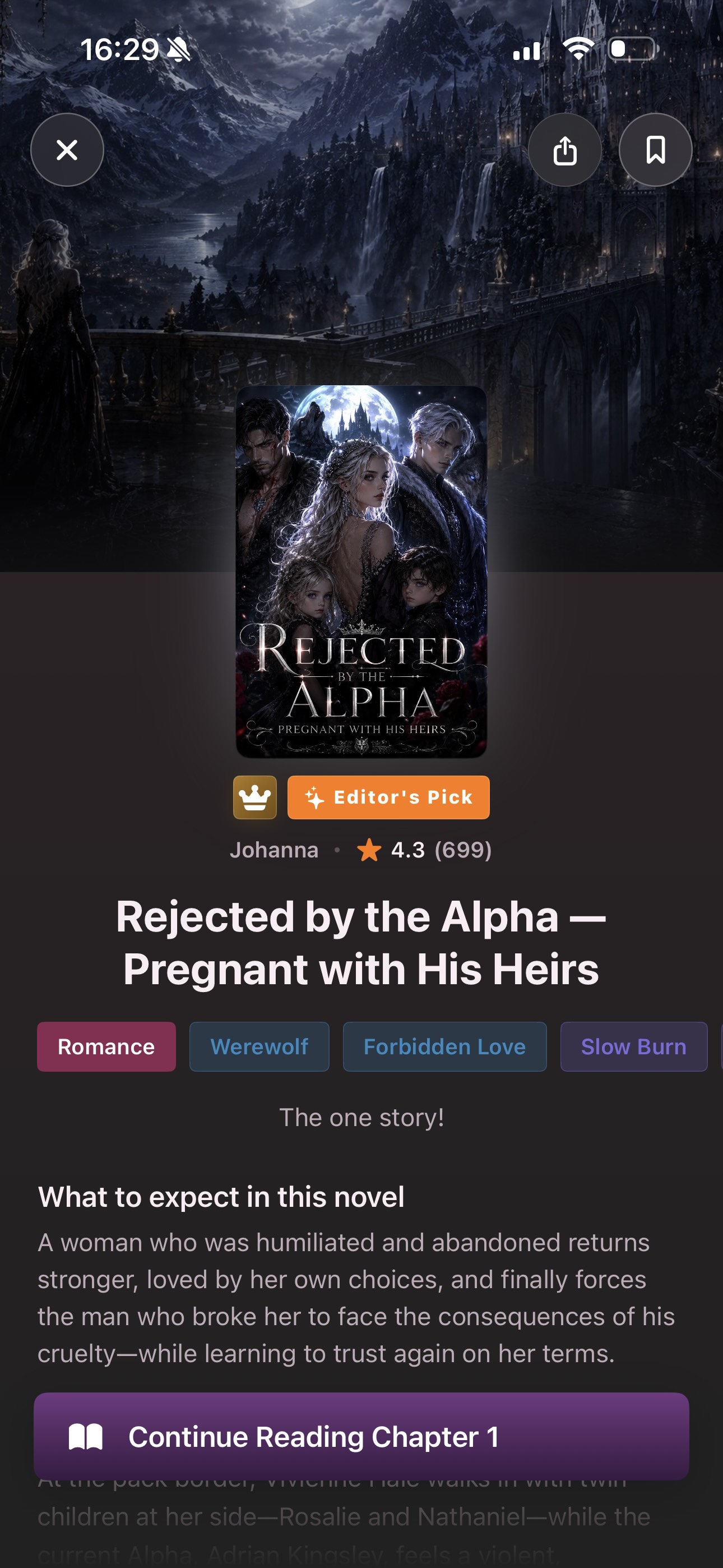 Onovel app screenshot showing the reading experience and library